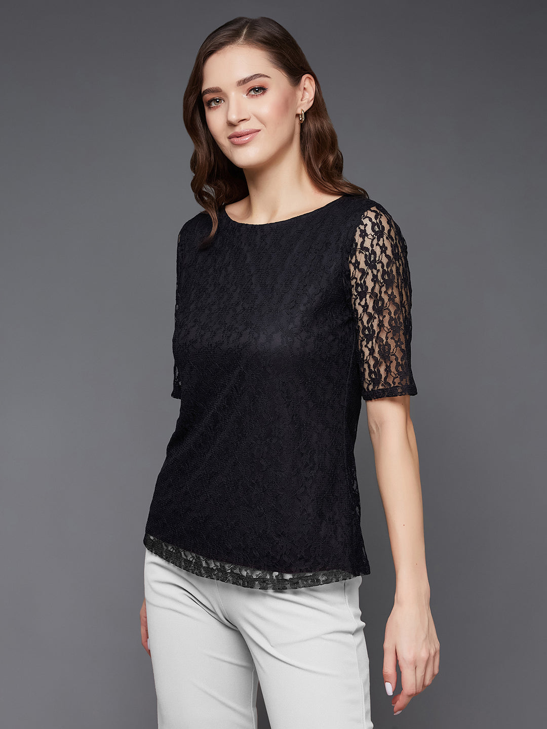 Women's Black Round Neck Half Sleeves Basic Lace Crop Top