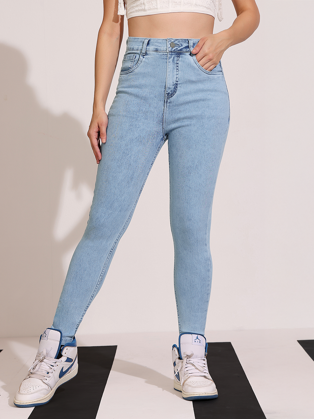 Women's Blue Skinny-Fit High-Rise Clean-Look Regular-Length Stretchable Denim Jeans