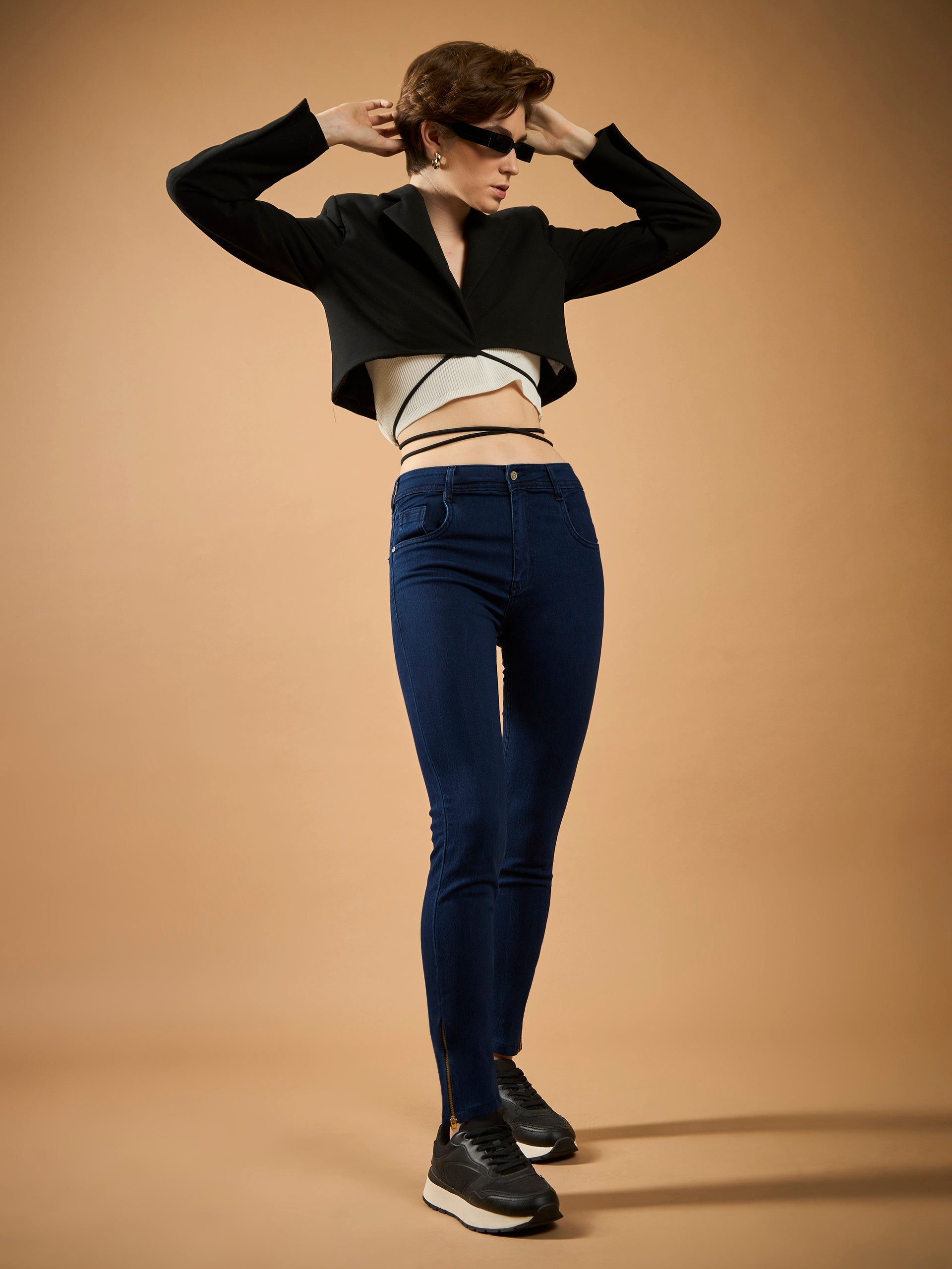 Navy-Blue Skinny-Fit Mid-Rise Cropped-Length Zipper Detailing Denim Stretchable Jeans for Women