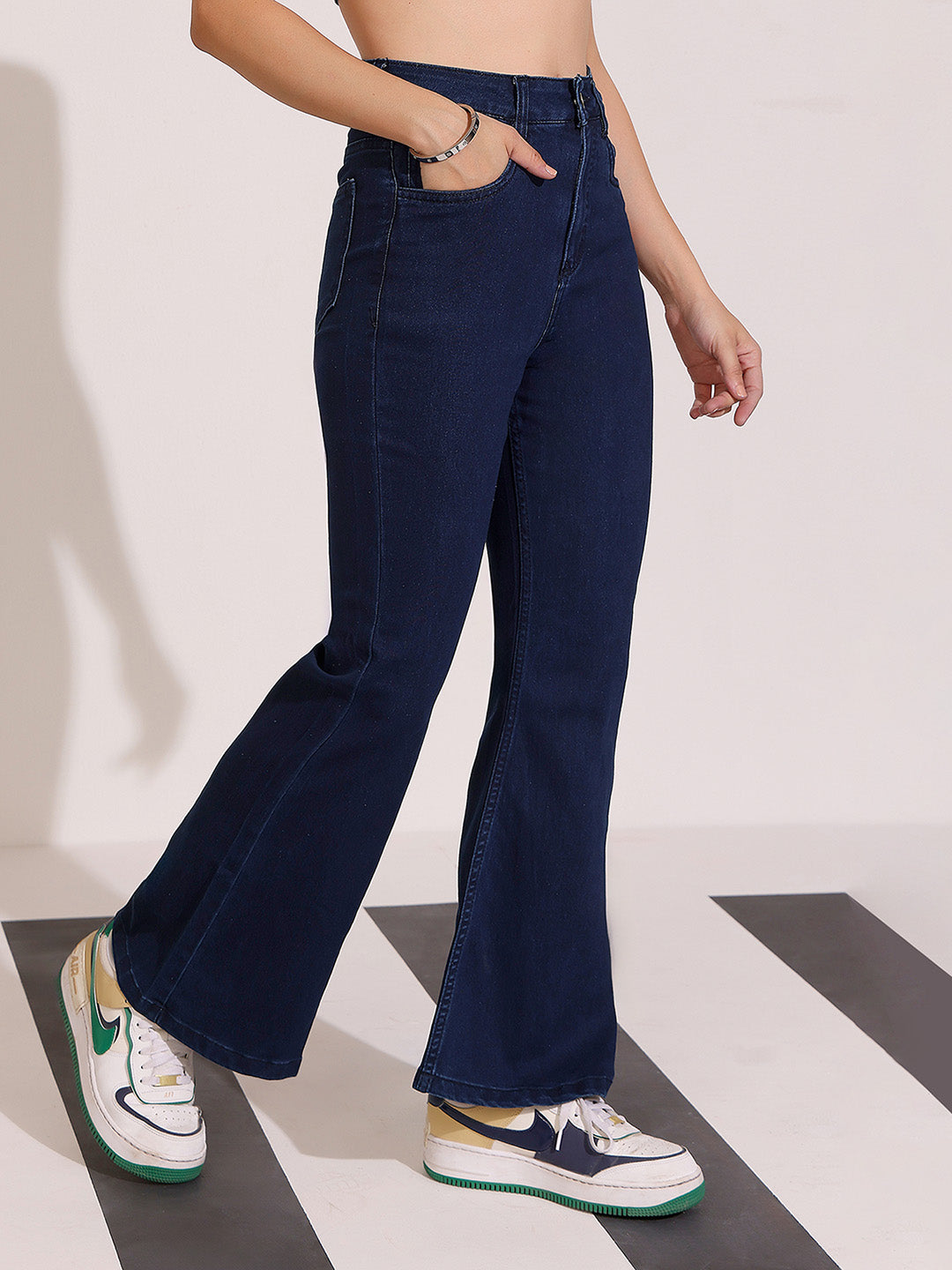 Navy Blue Bootcut High Rise Clean Look Regular Length Stretchable Shaping Denim Jeans
