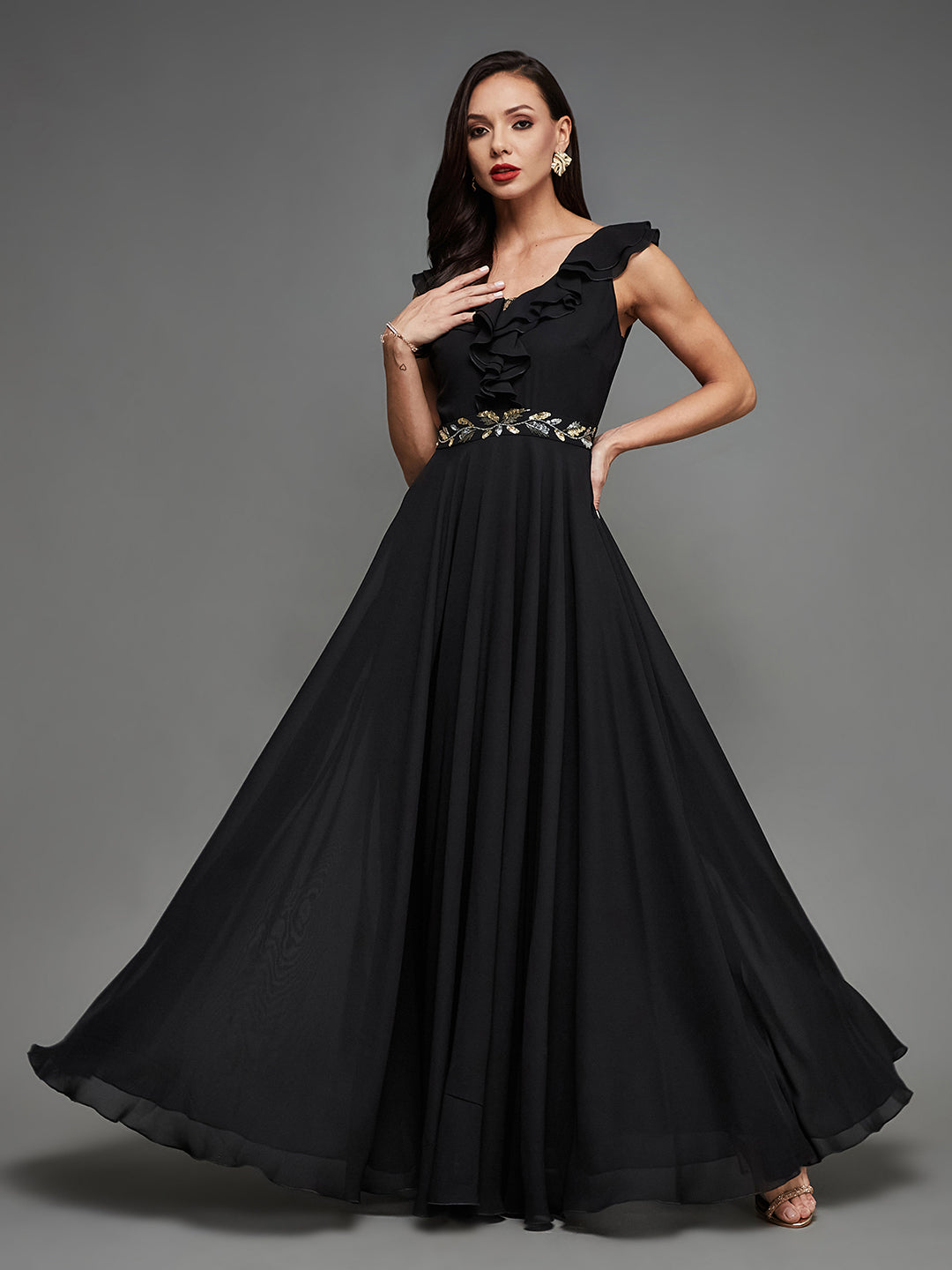 Cocktail Party Black Sleeveless Embroidered Ruffled Georgette Maxi Dress