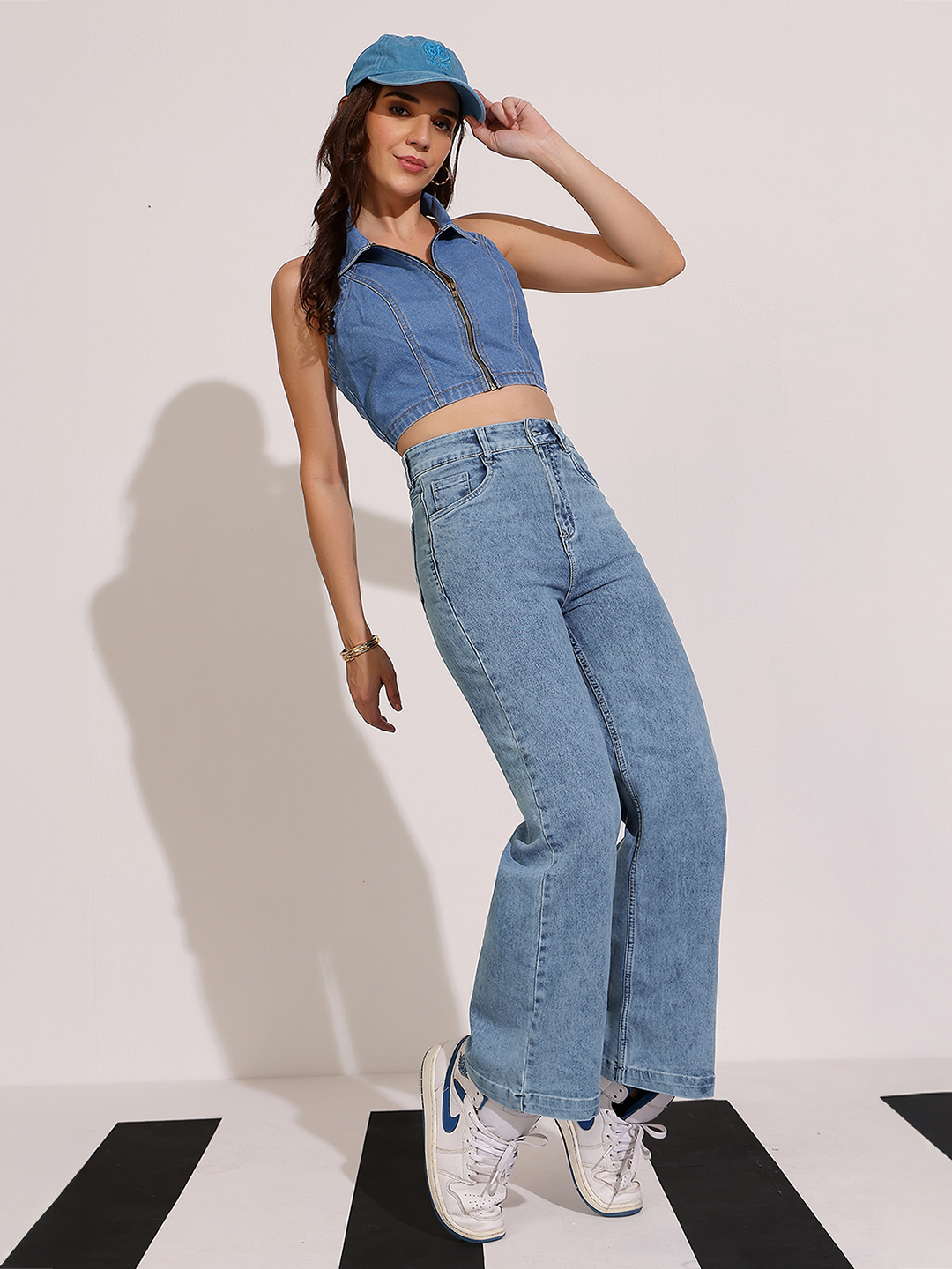 Women's Light Blue Wide-Leg High Rise Clean Look Regular Stretchable Denim Jeans