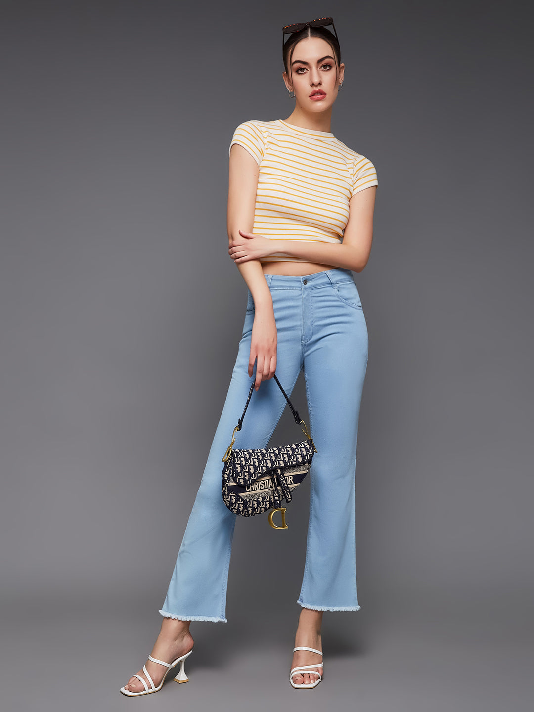 24/7 Comfort Women's Light Blue Bell Bottom Semi-Bootcut High rise Cropped Stretchable Timeless Denim Jeans