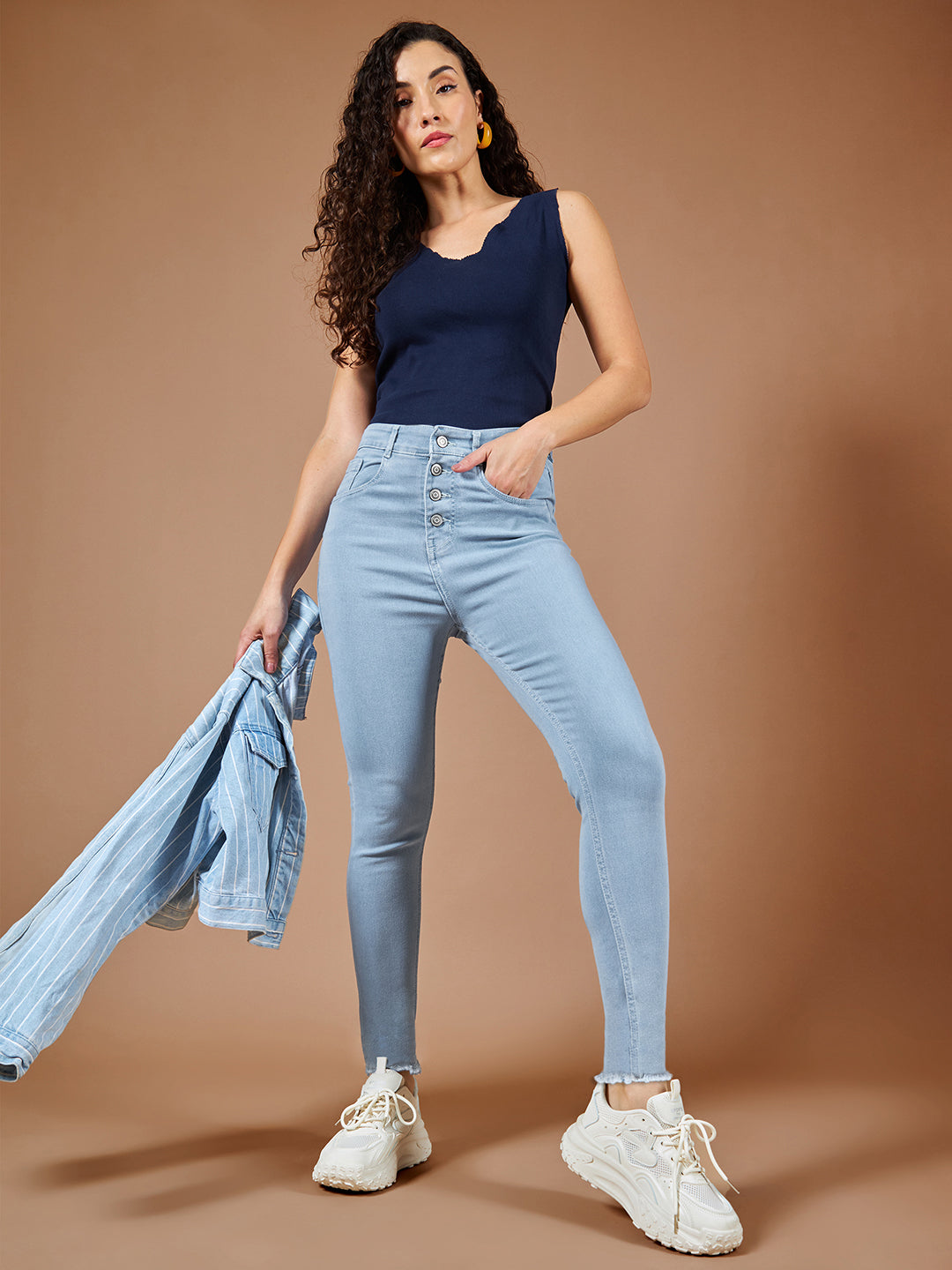 24/7 comfort Women's Light Blue Skinny High Rise Fringed Hemline Cropped Stretchable Denim Jeans