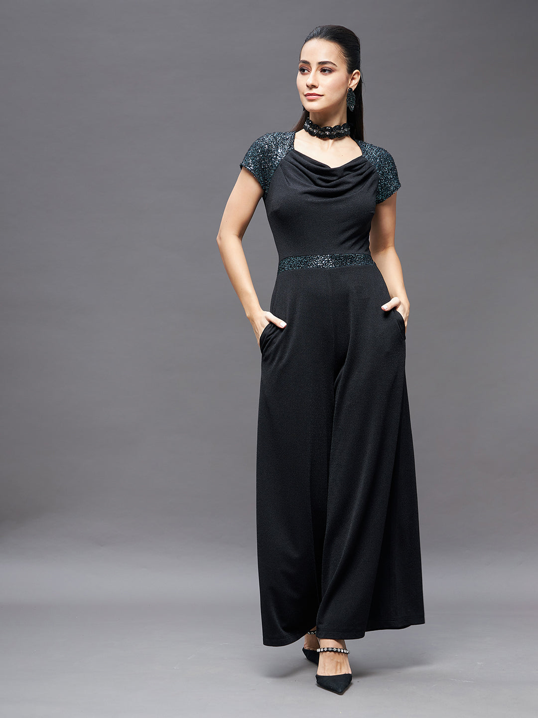 Crease Ease Women's Black Cowl Neck Raglan Sequined Sleeve Party Jumpsuit