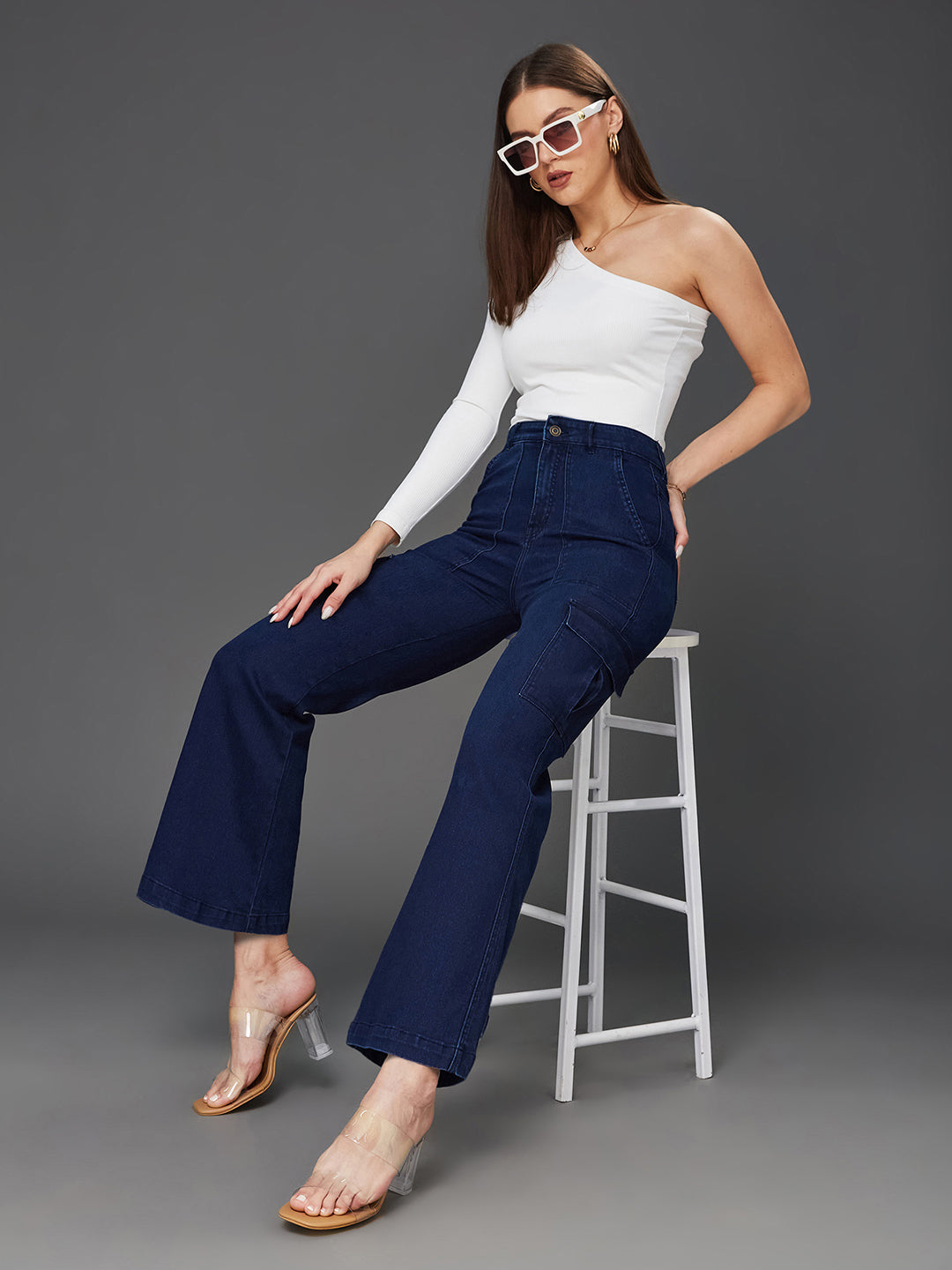 24/7 Comfort Women's Navy Blue Wide-Leg High-Rise Clean-Look Regular-Length Stretchable Denim Cargo Jeans