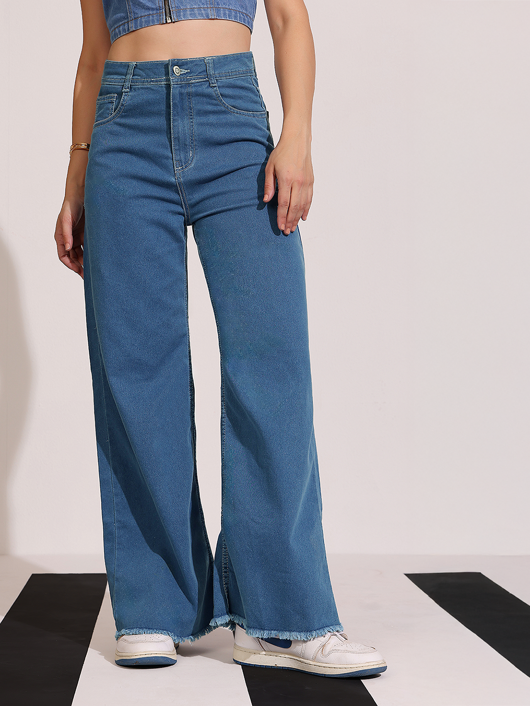 Women's Blue Wide-Leg High-Rise Clean-Look Regular-Length Stretchable Denim Jeans