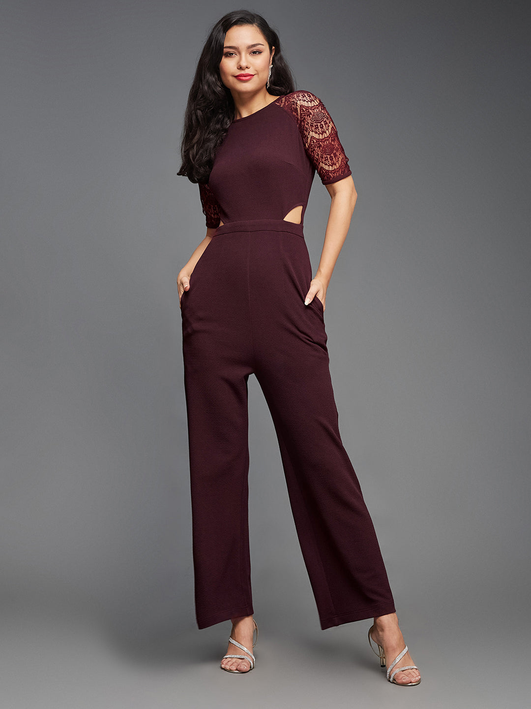 Crease Ease Women's Dark Purple Raglan Half Sleeve Solid Waist Cut-Out Regular Length Jumpsuit