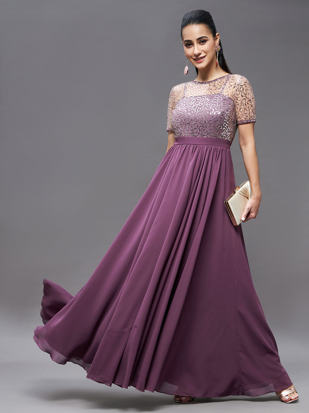 Women's Mauve Relaxed Fit Maxi Georgette & Sequins Dress