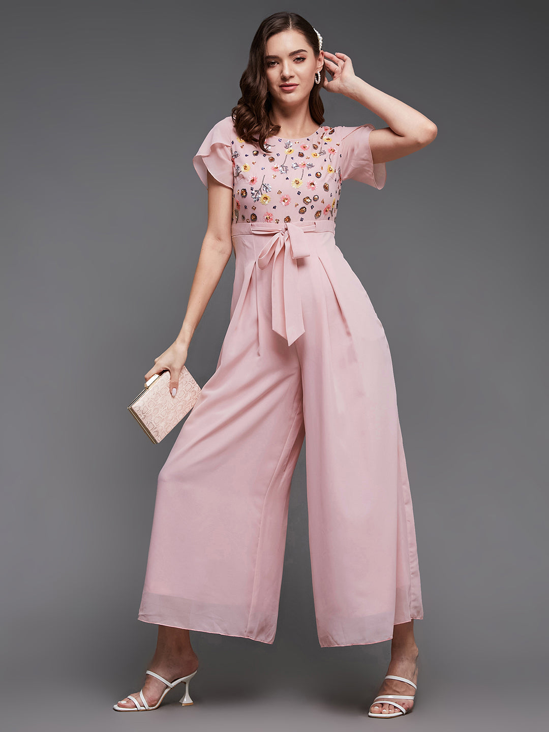 Women's Dusty Pink Round Neck Tulip Sleeve Embroidered Pleated Regular Jumpsuit