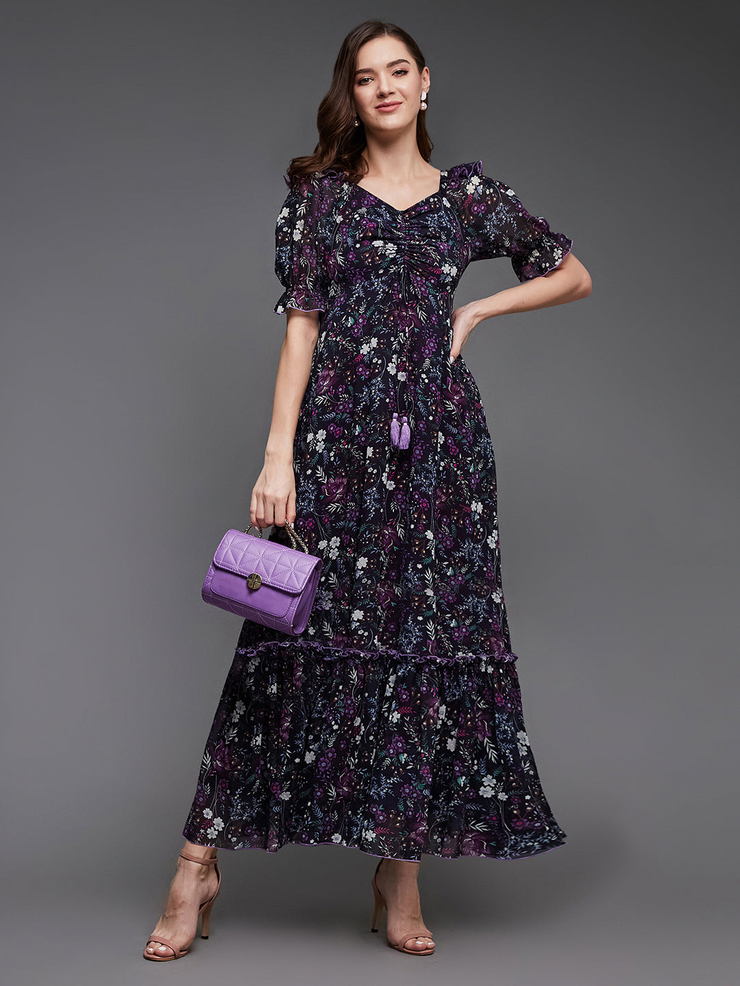 Women's Multicolored-Base-Black Sweetheart-Neck Puffed Sleeve Floral Ruching Georgette Maxi Dress