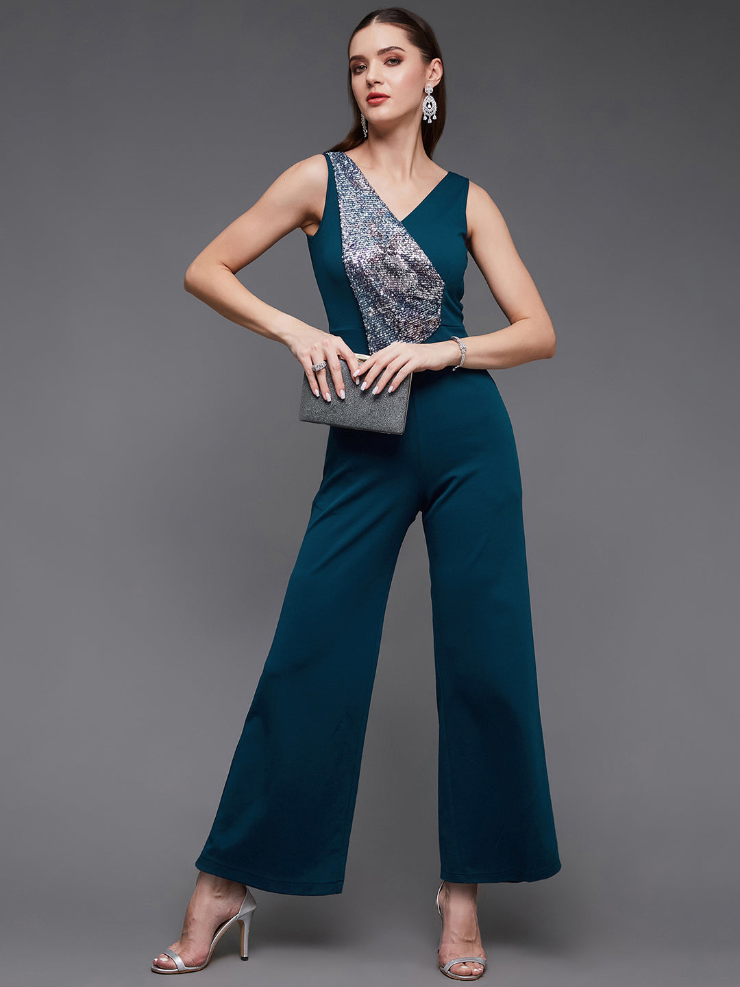 Teal V-Neck Sleeveless Embellished Straight-Leg Regular-Length Polyester Jumpsuit for Women
