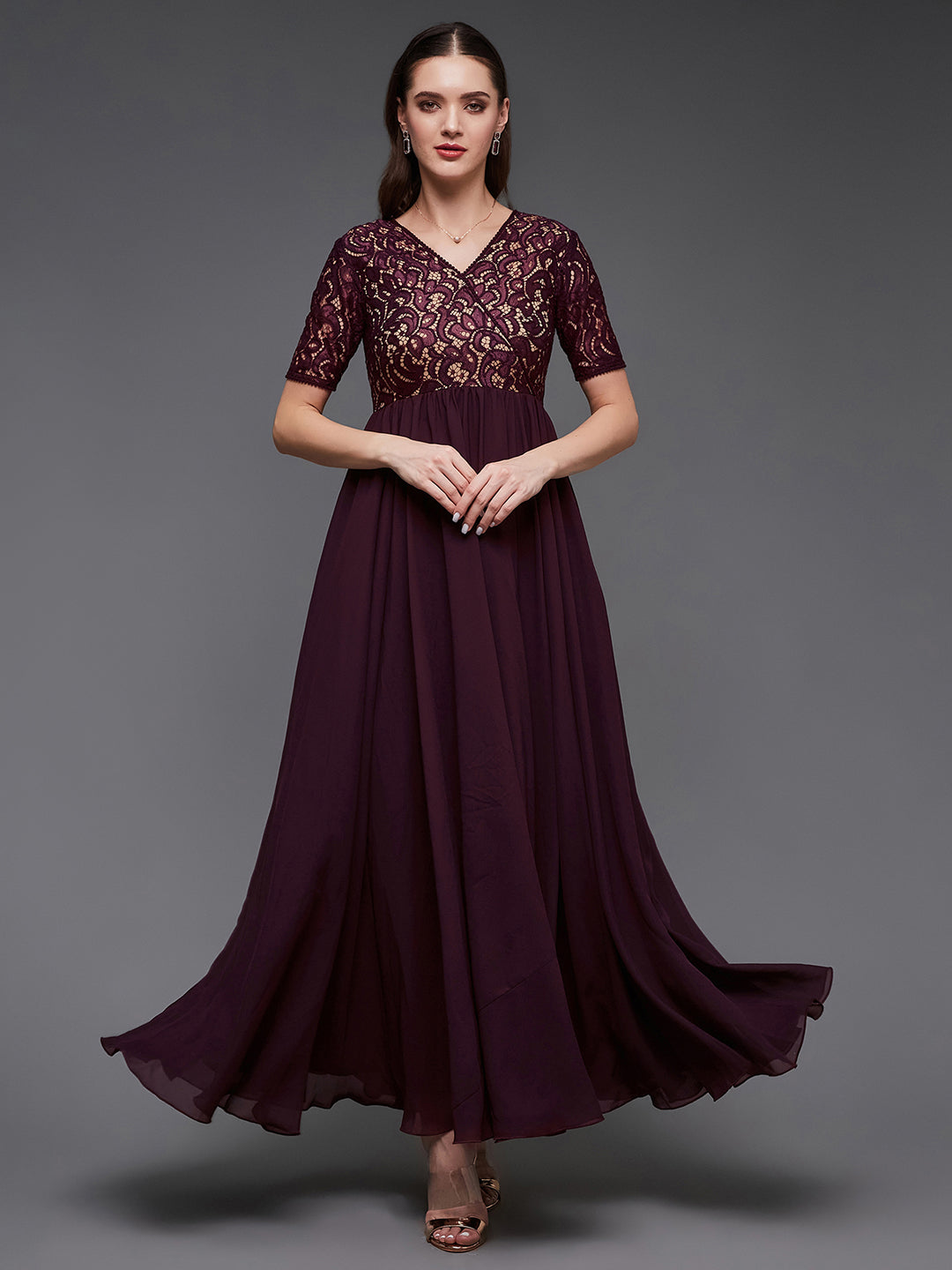 Wine V-Neck Half Sleeve Self Designed Wrap Georgette Maxi Dress for Women