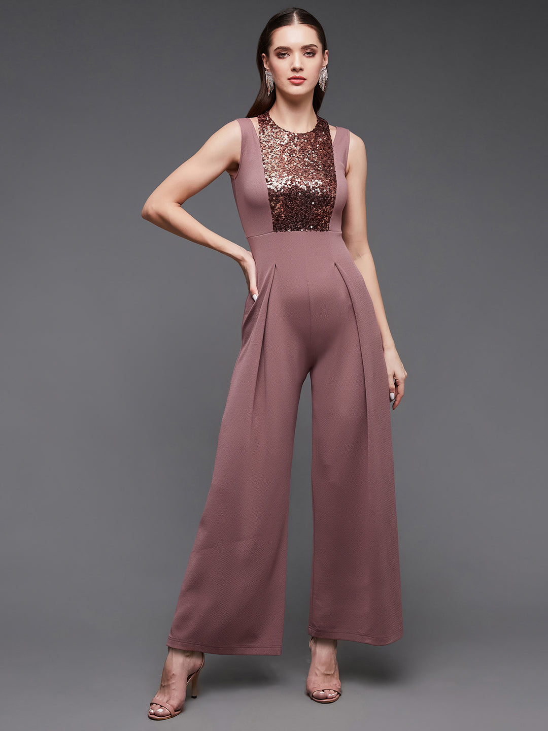 Crease Ease Women's Mauve Color Halter Neck Sleeveless Solid Pleated Sequin Paneled Jumpsuit