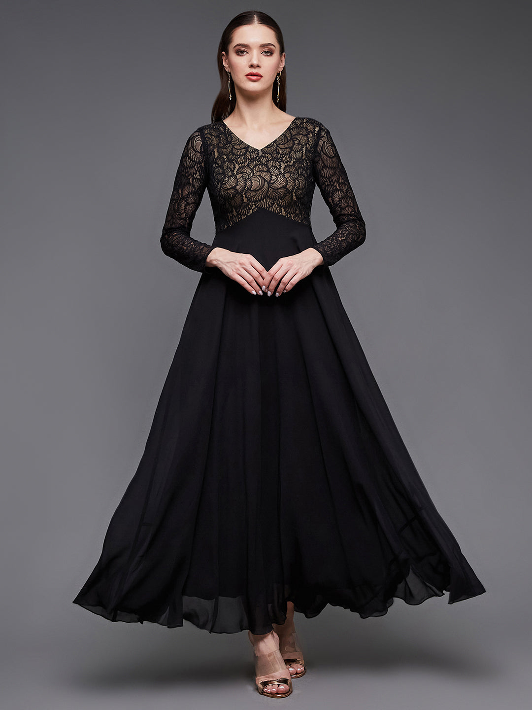 Women's Black V-Neck Full Sleeve Self Design Lace-Overlaid Georgette Maxi Dress