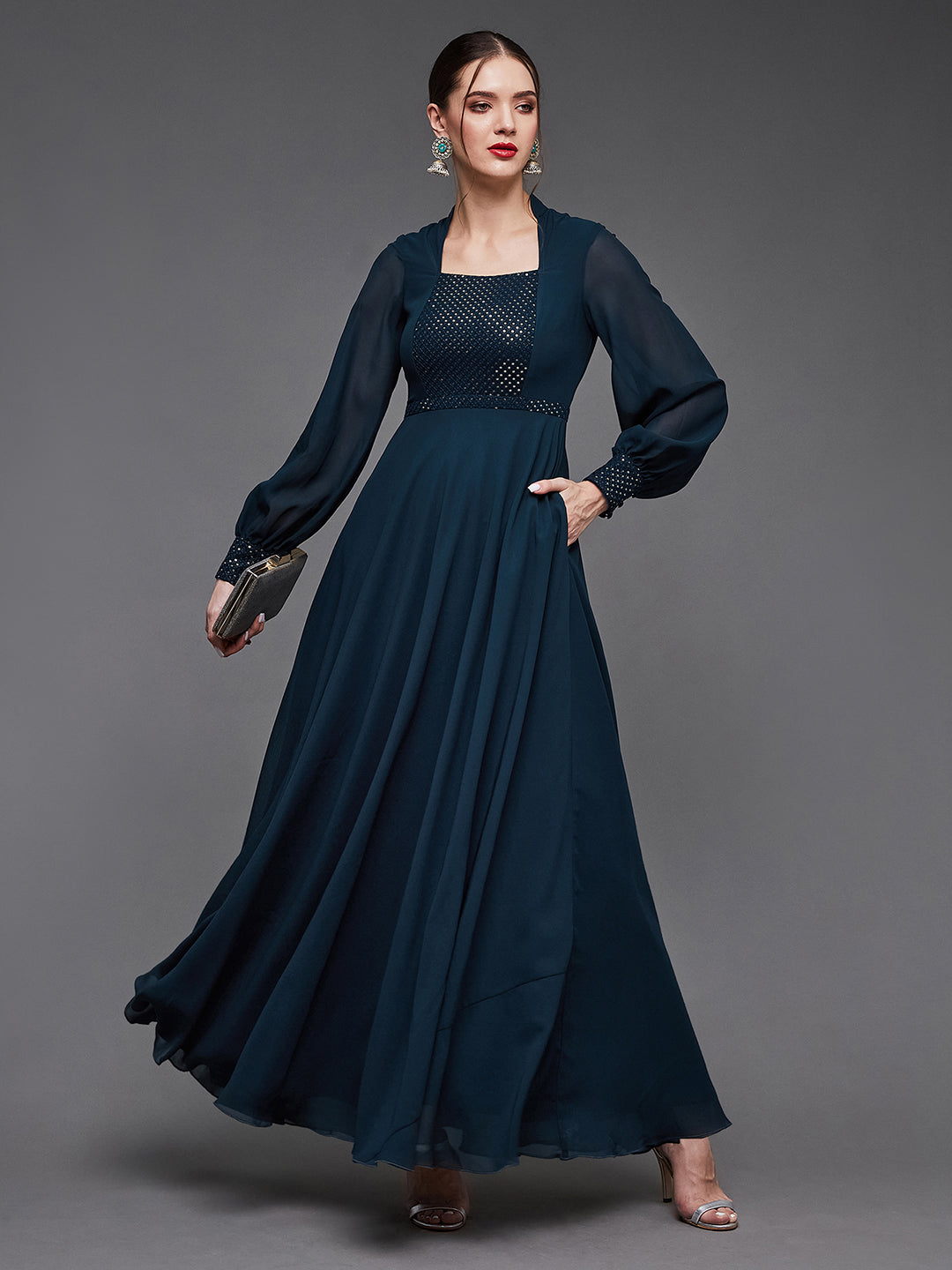 Women's Teal Mandarin-Collar Bishop Sleeve Embellished Panelled Georgette Maxi Dress