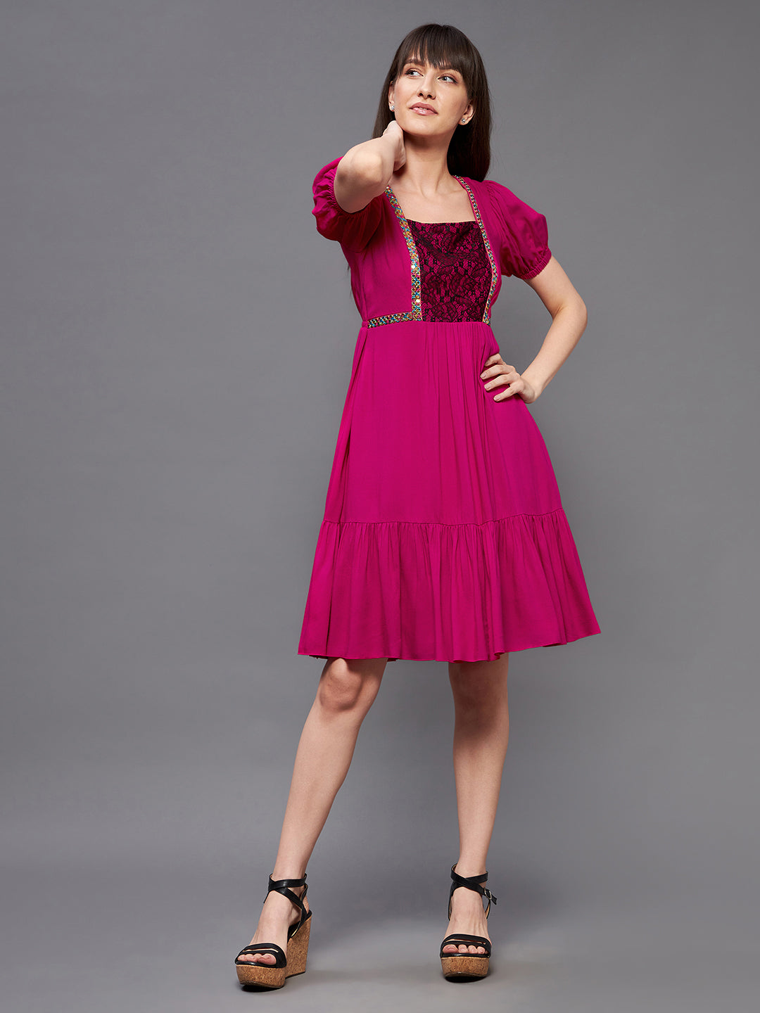 Women's Dark Pink Square  Puff Sleeve Viscose Rayon Embroidered Lace Overlaid Knee-Long Dress