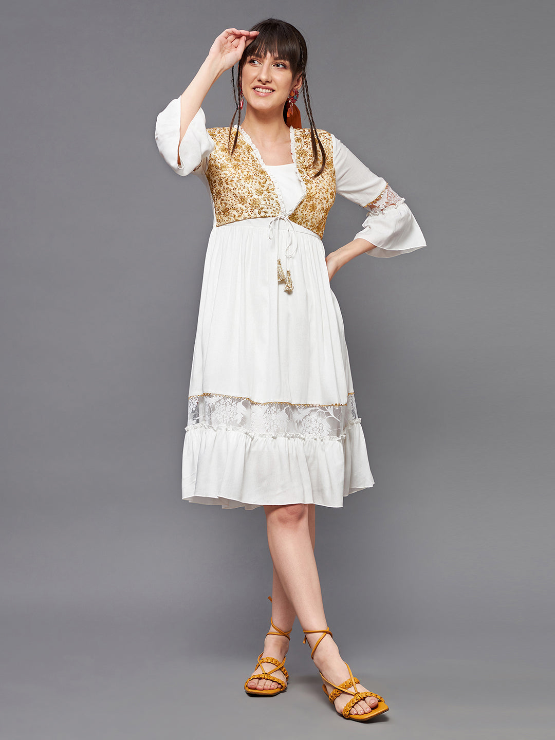 Women's Off-White Square Neck Ruffled Sleeve Viscose Rayon Embroidered Jacket Paneled Midi Dress