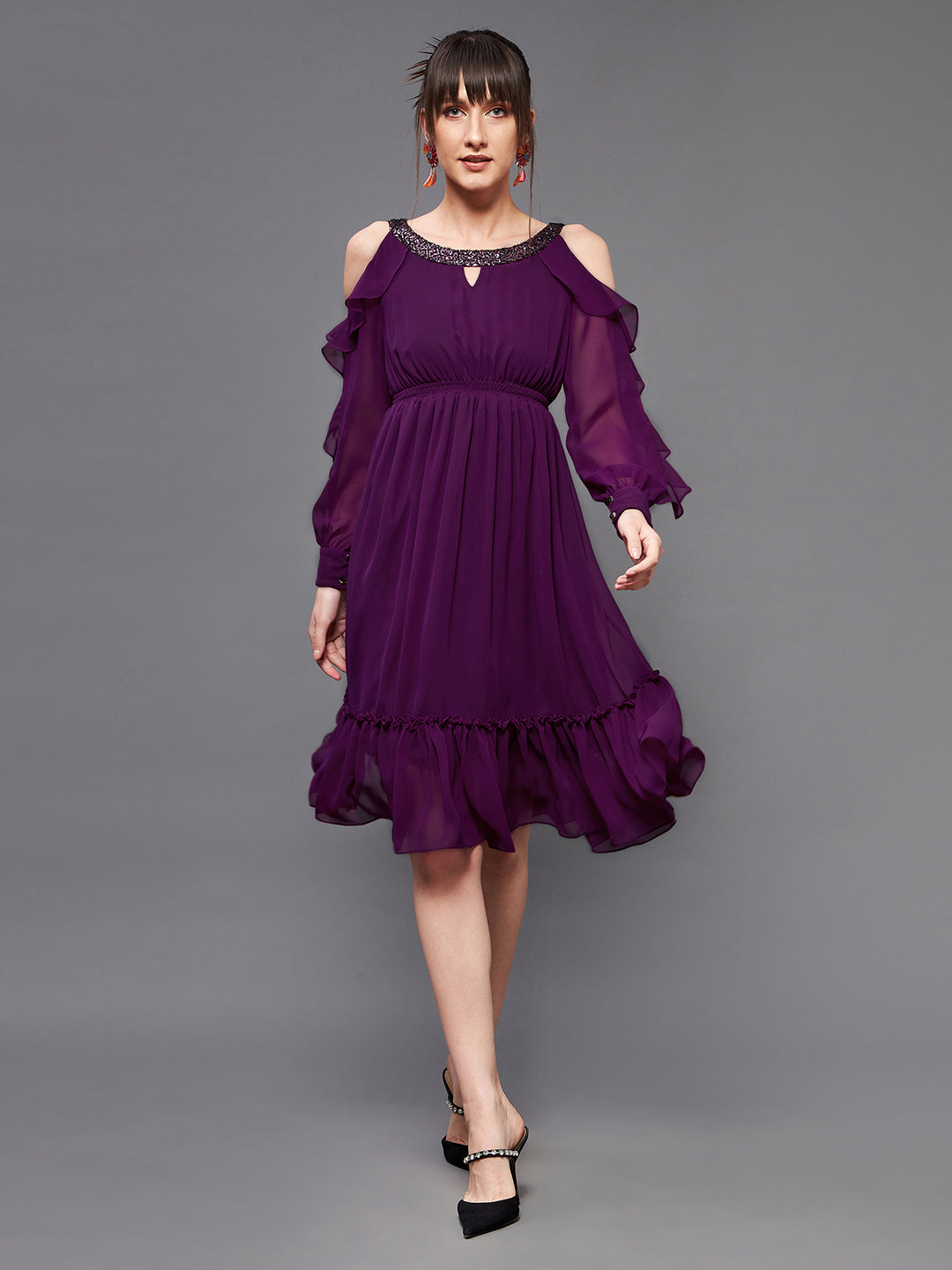 Women's Dark Purple Solid Round Neck Full Sleeves Polyester Ruffled Knee Length Dress