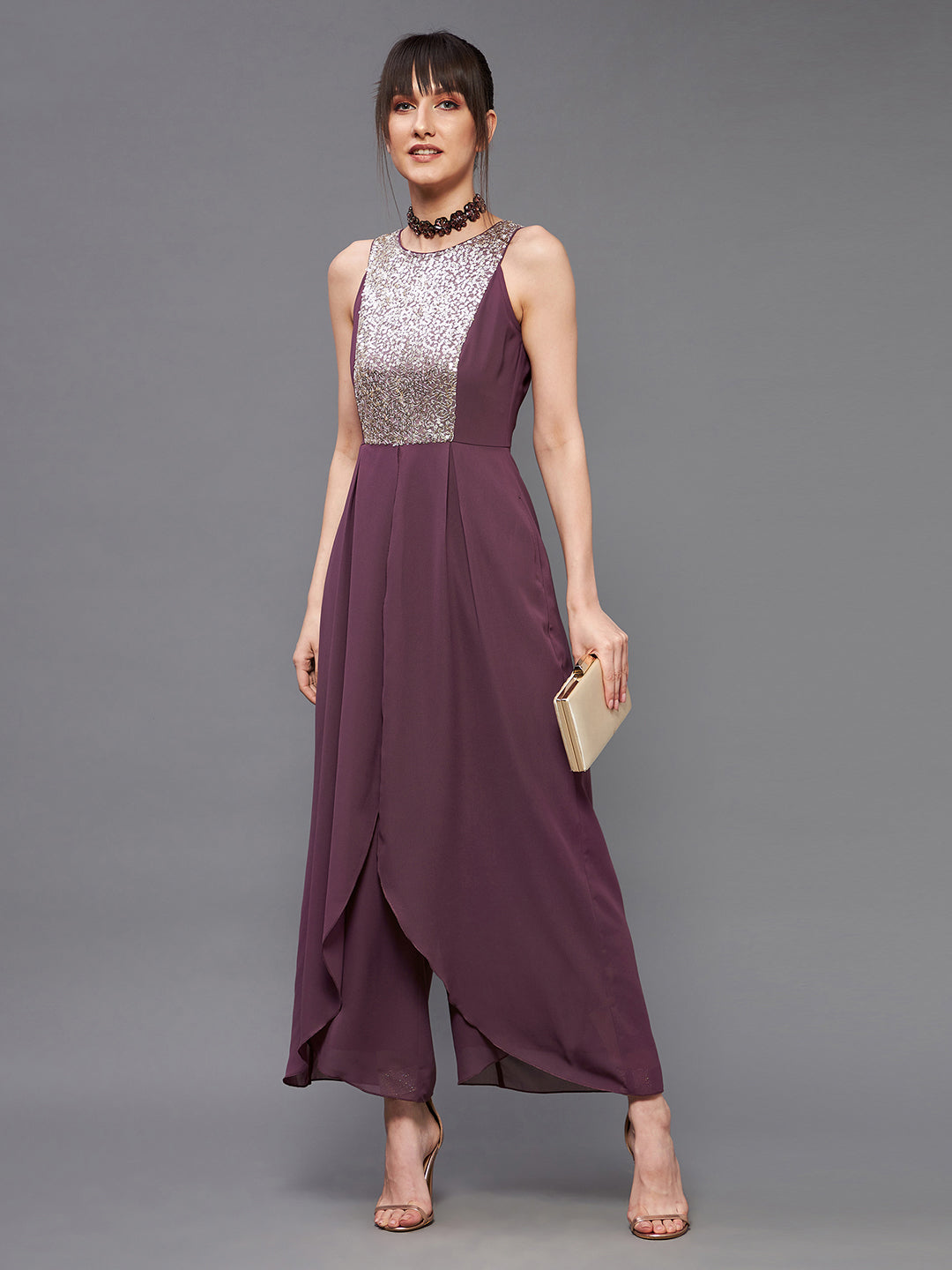 Women's Mauve Halter Sleeveless Sequined Pleated Layered Party Jumpsuit