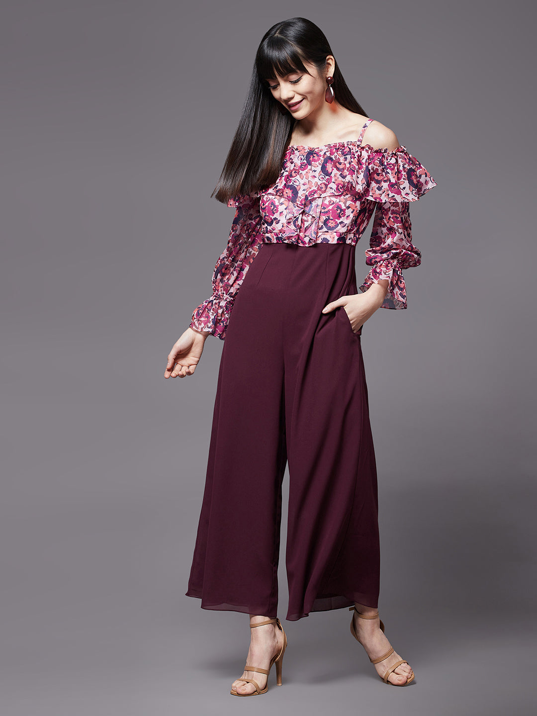 Women's Multicolored-Base-Wine Off-Shoulder Ruffled Sleeve Floral Print Frilled Regular Jumpsuit