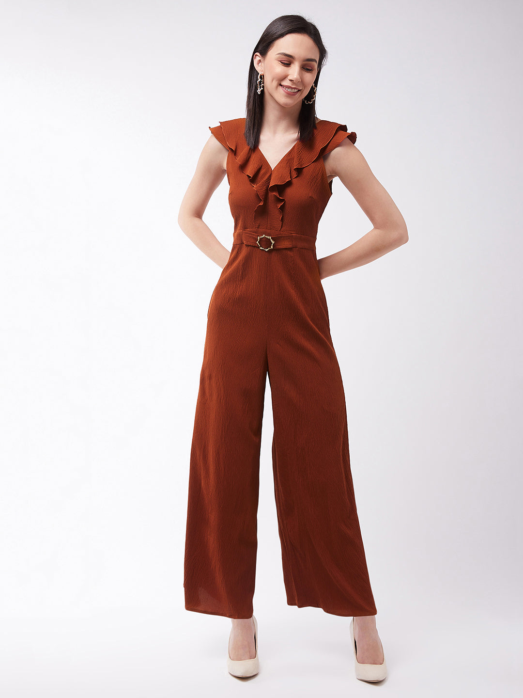 Women's Rust V-Neck Sleeveless Solid Wide-Leg/Ruffles Regular Jumpsuit