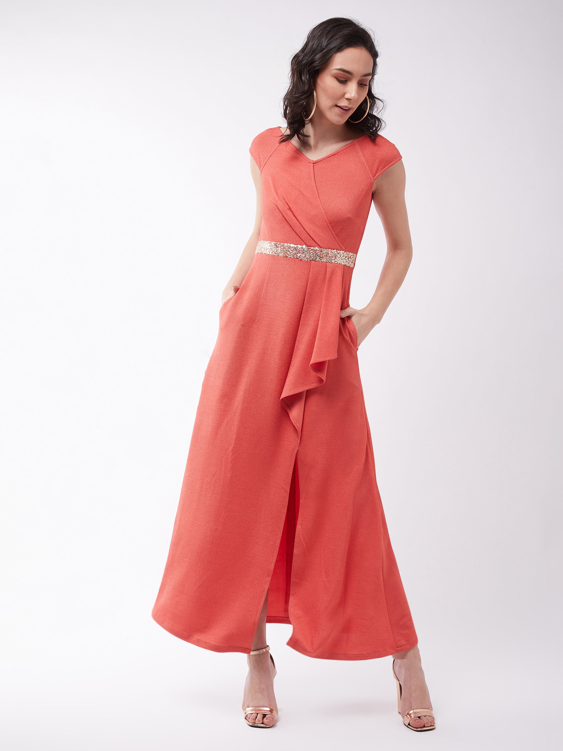 Crease Ease Women's Coral V-Neck Raglan Sleeve Solid Embellished Maxi Dress