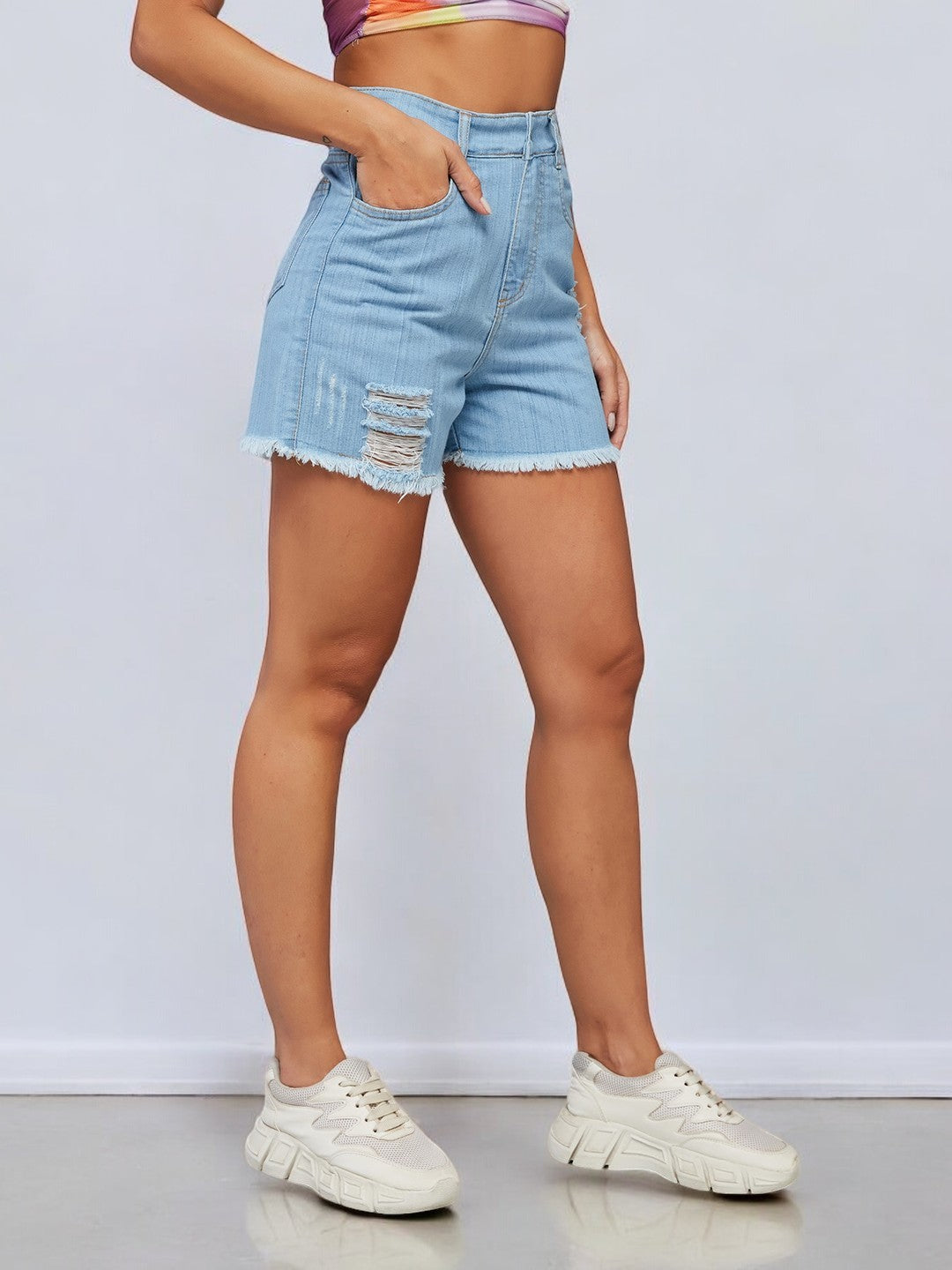 Women's Blue Relaxed Fit Mid Rise Highly Distressed Regular Length Denim Shorts