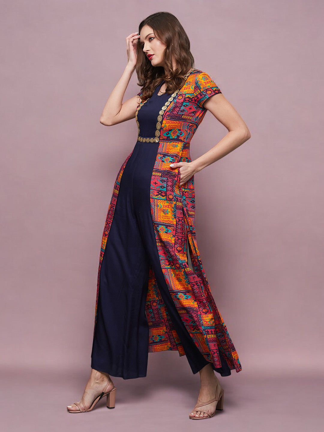 Women's Multicolor Navy Blue Keyhole Neck Bohemian Paneled Jumpsuit