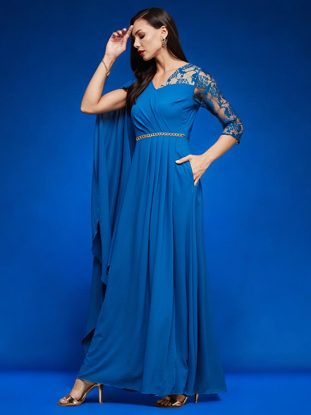 Women's Royal Blue V-Neck Asymmetric Embellished Maxi Georgette Dress