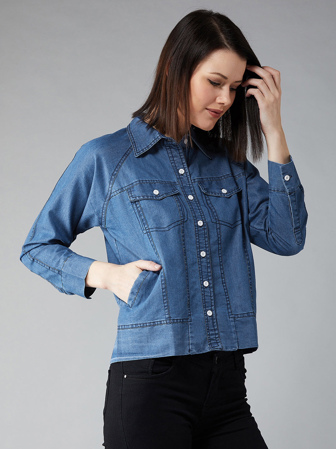 Women's Blue Collared Polo Neck Full Sleeve Solid Buttoned Denim Bomber Jacket