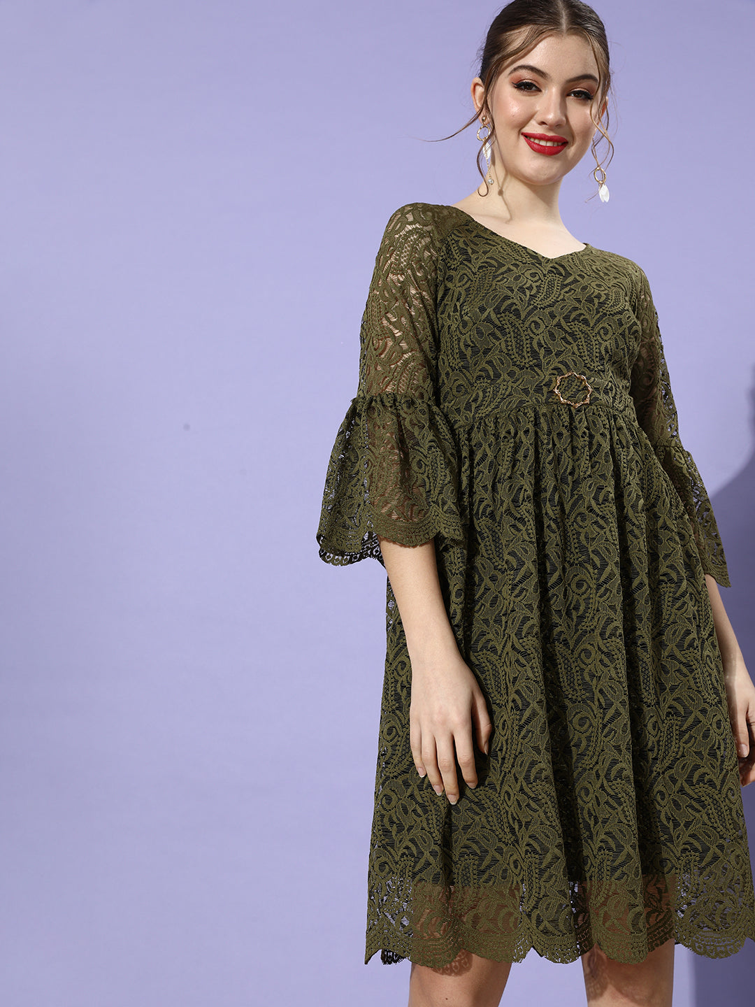 Women's Olive V-Neck Ruffled Sleeve Floral Lace Overlaid Midi Dress