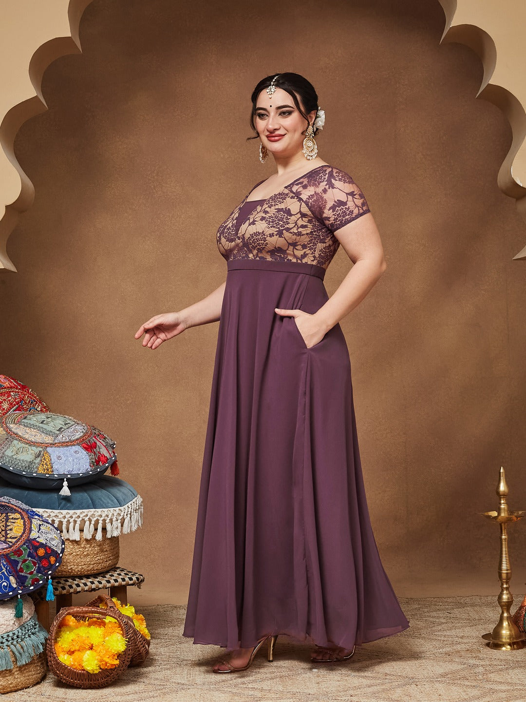 Mauve Square-Neck Raglan-Sleeve Self-Designed Flared Georgette Maxi Dress for Women — Miss Chase A+