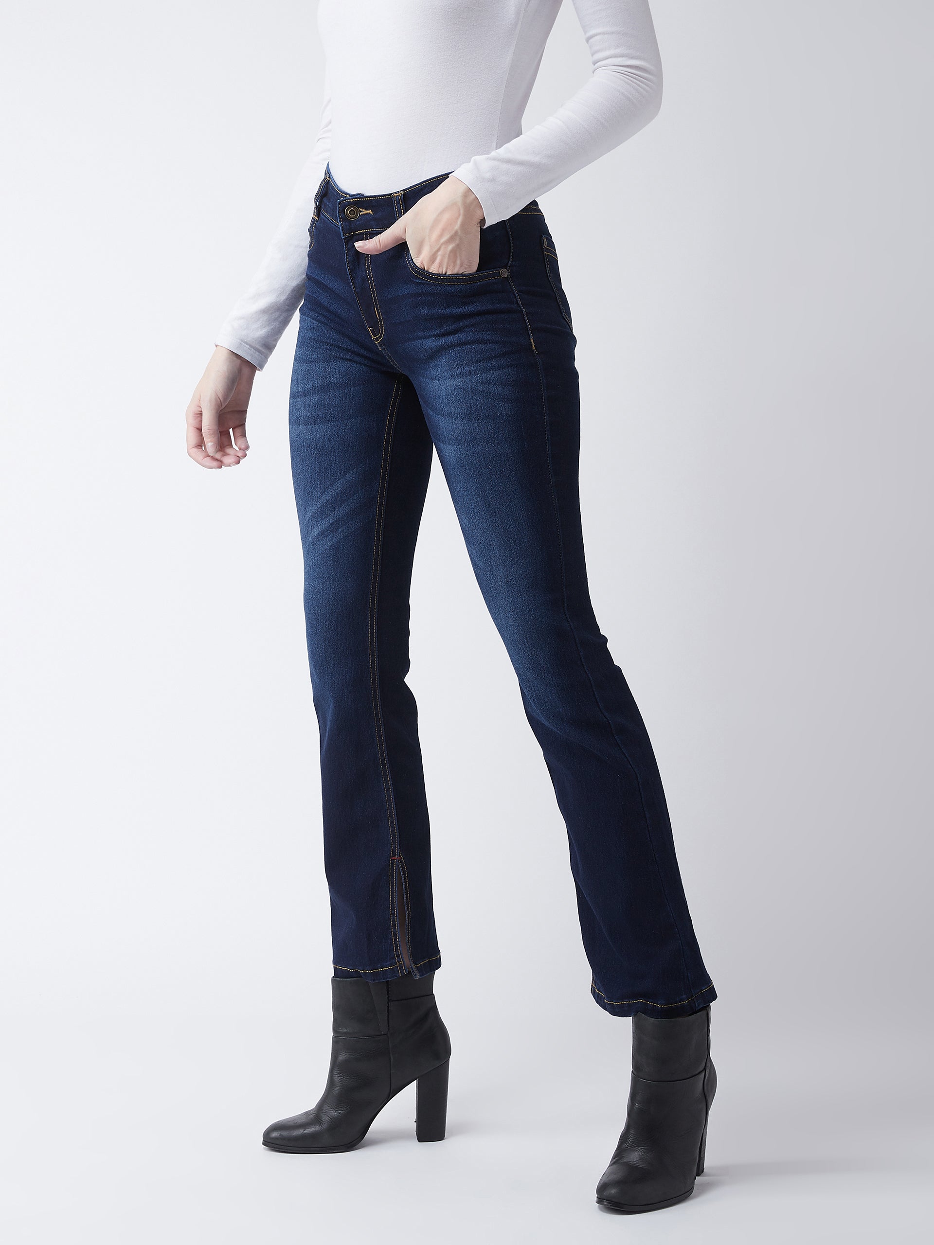 24/7 Comfort Women's Timeless Blue Bell Bottom Bootcut Hourglass Mid Rise Regular Length Slit Denim Stretchable Jeans