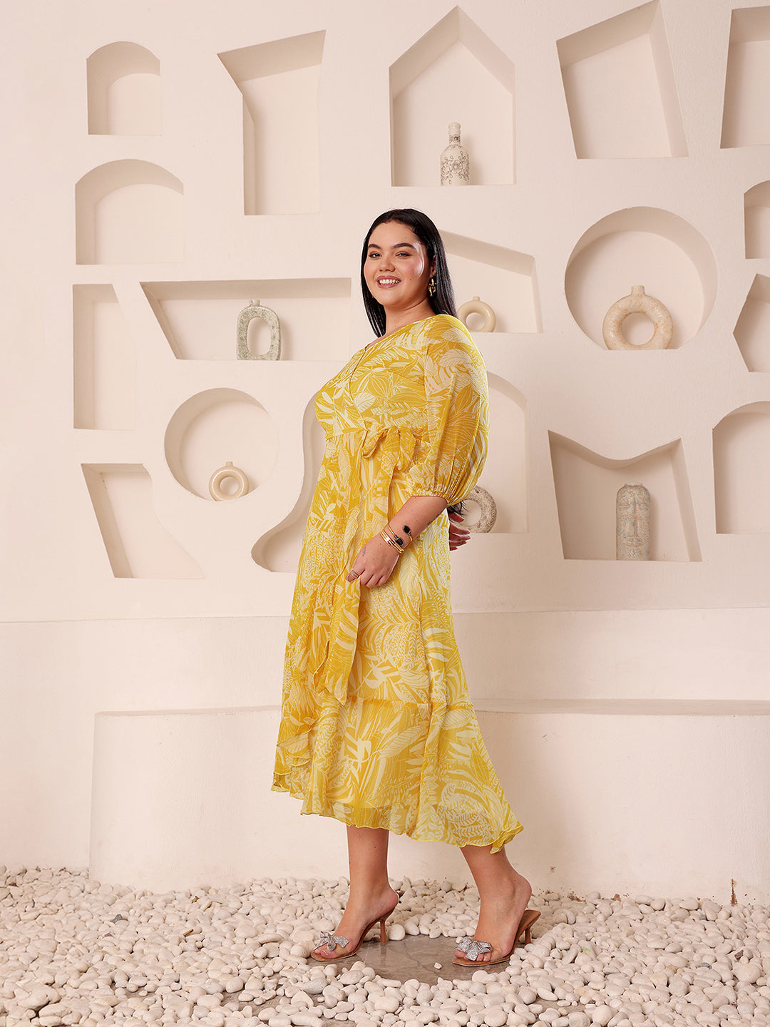 Women's Yellow & White V-Neck Full-Sleeves Floral Layered Maxi Dress