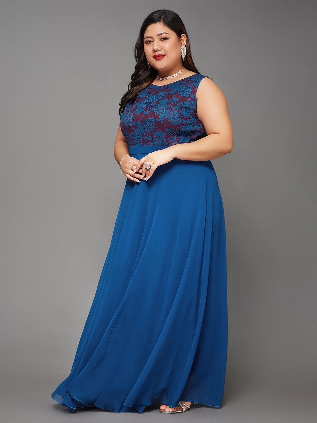 Women's Royal Blue Round Neck Sleeveless Georgette Floral Lace Fit & Flare Maxi Dress