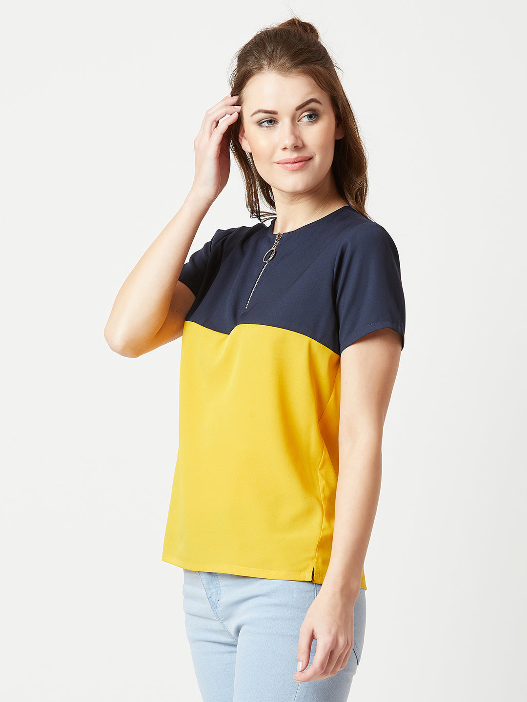 Women's Multicolored With A Navy Blue Base Round Neck Short Sleeve Solid Boxy Zip Detailing Color block Regular Length Top