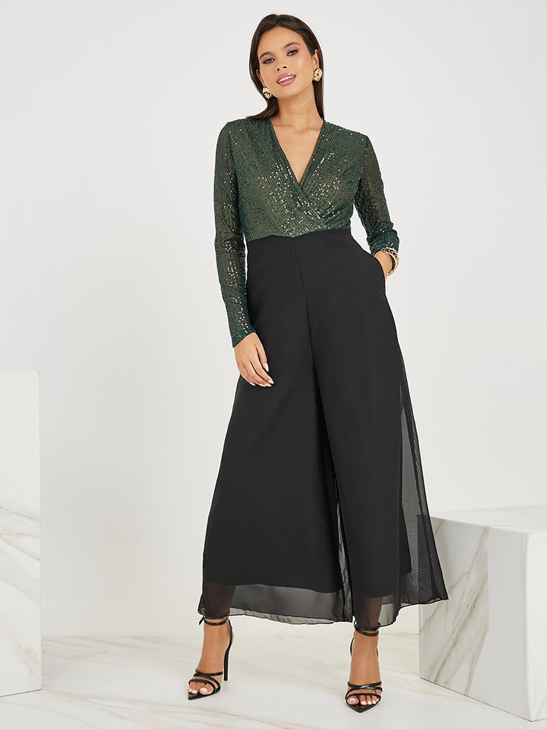Women's Black V-Neck Full Sleeve Embellished Wrap Regular-Length Georgette Jumpsuit