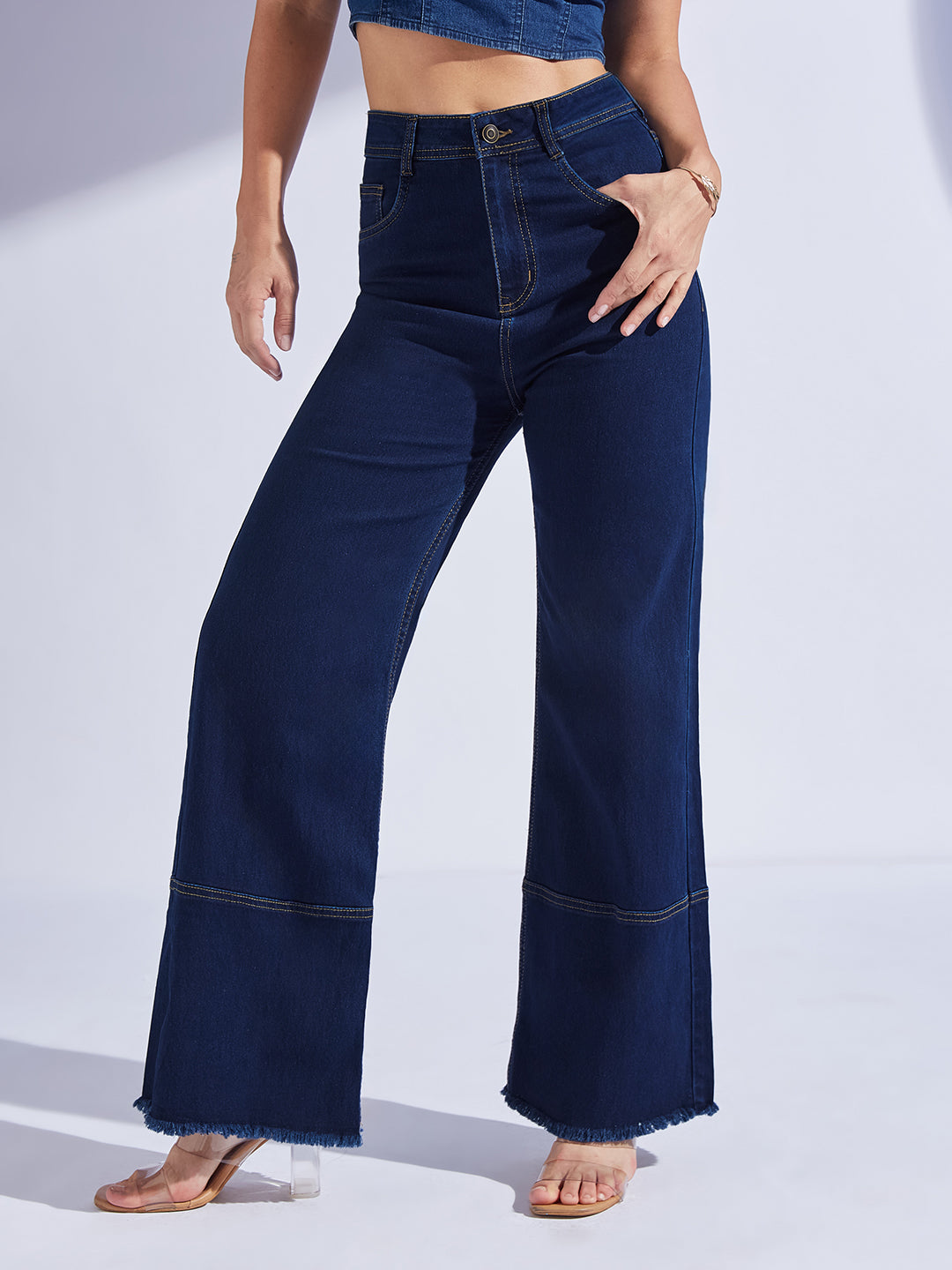 Women's Navy Blue Wide Leg High-Rise Regular-Length Stretchable Denim Jeans