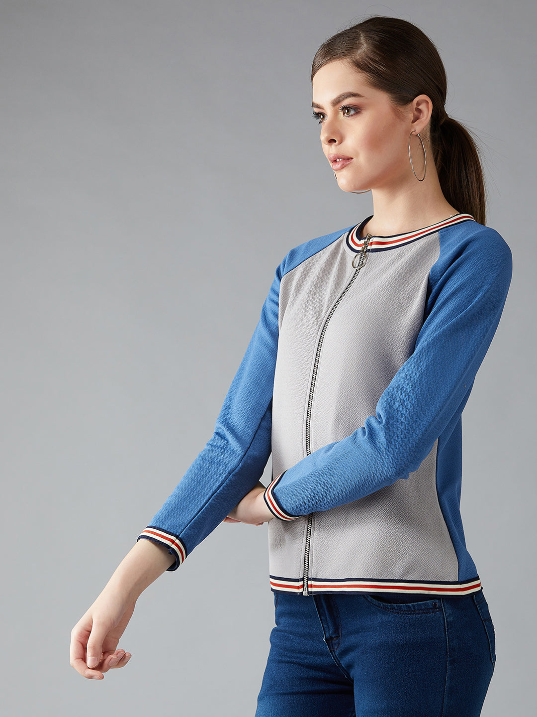 Women's Multicolor-Base Azure Blue Round Neck Full Sleeves Solid Boxy Color-blocked Regular Length Jacket