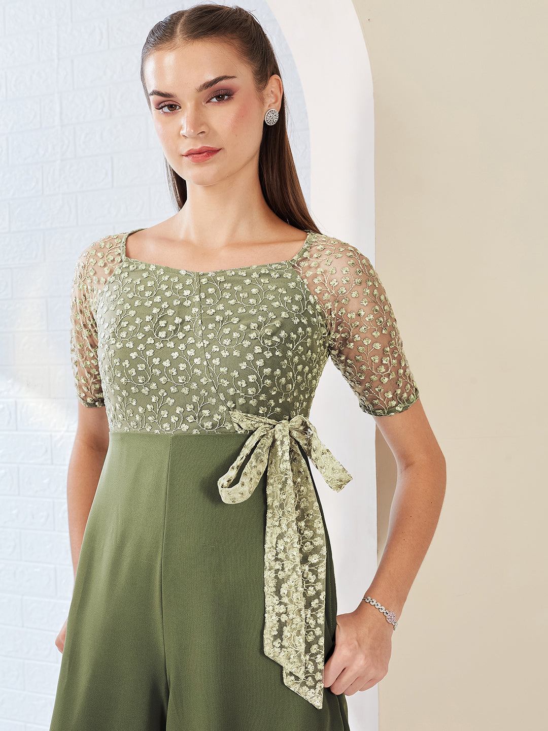 Light Green Square Neck Raglan sleeve Solid Embroidered Regular Jumpsuit for Women — Miss Chase