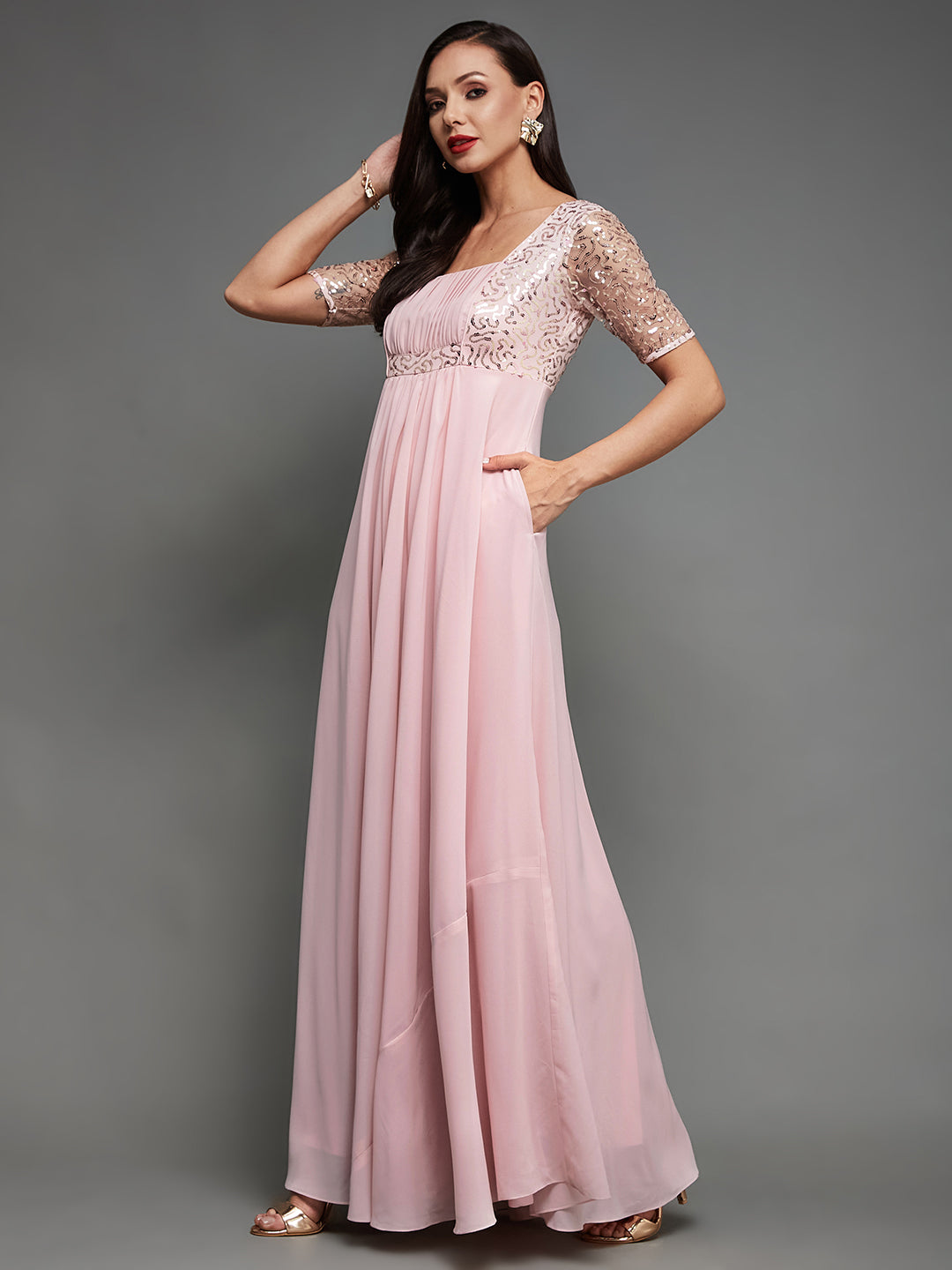 Women's Dusty Pink Square Neck Half Sleeve Solid Embellished Maxi Dress