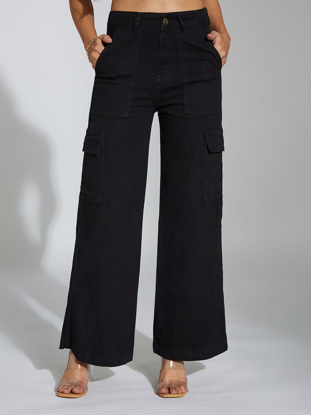 Women's Black Wide-Leg High-Rise Clean-Look Stretchable Denim Cargo Jeans