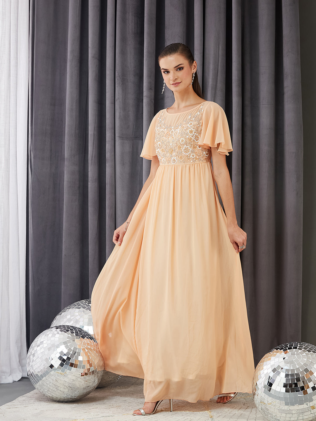 Women's Peach Boat Neck Half Sleeve Solid Embellished Georgette Maxi Dress