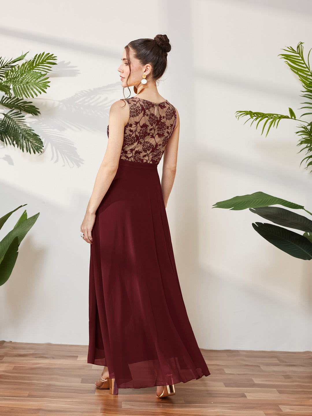 Beige & Wine Round Neck Sleeveless Georgette Floral Lace Fit & Flare Maxi Dress for Women
