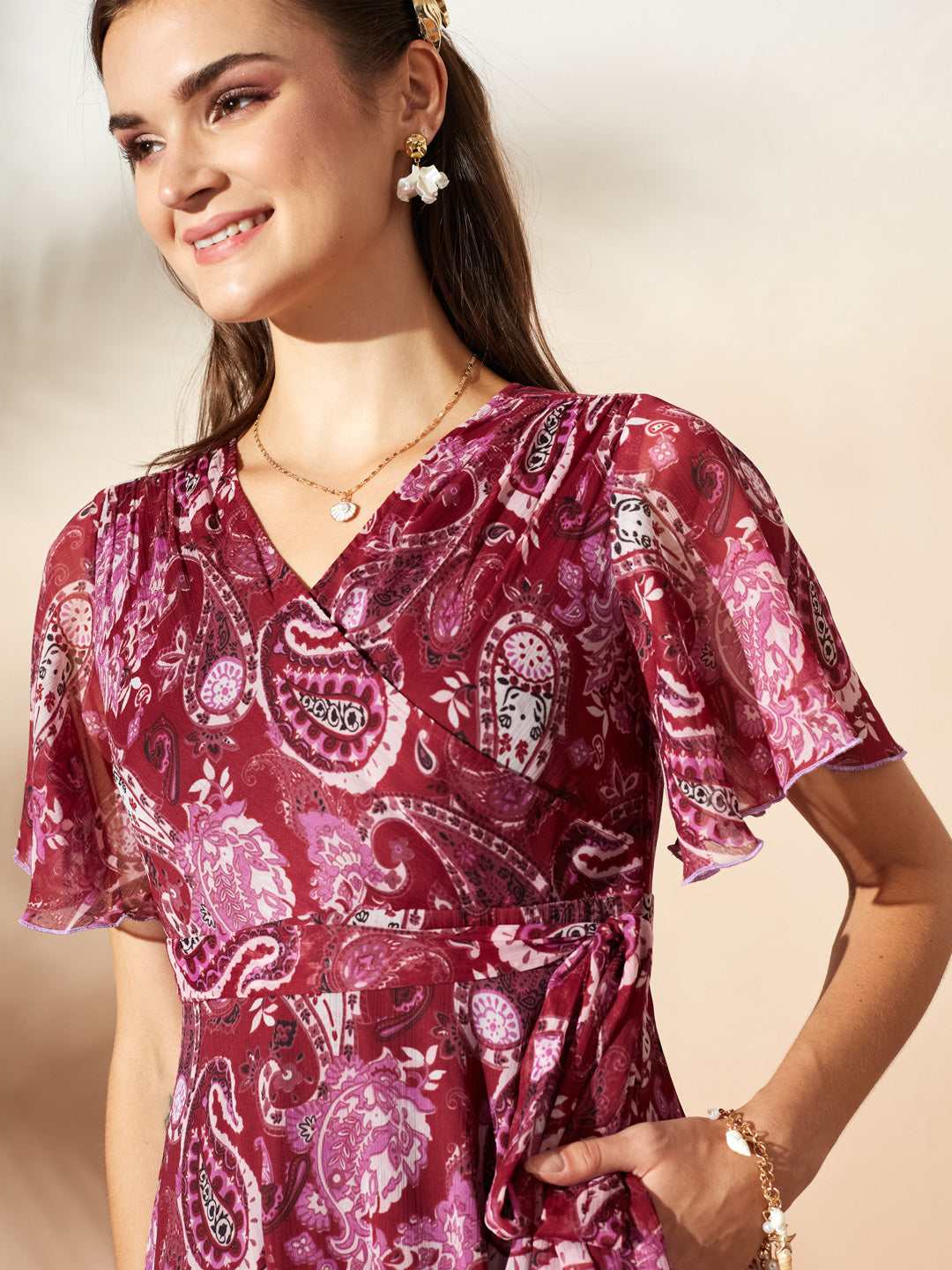 Wine Floral Printed Flutter Sleeves Maxi Dress for Women