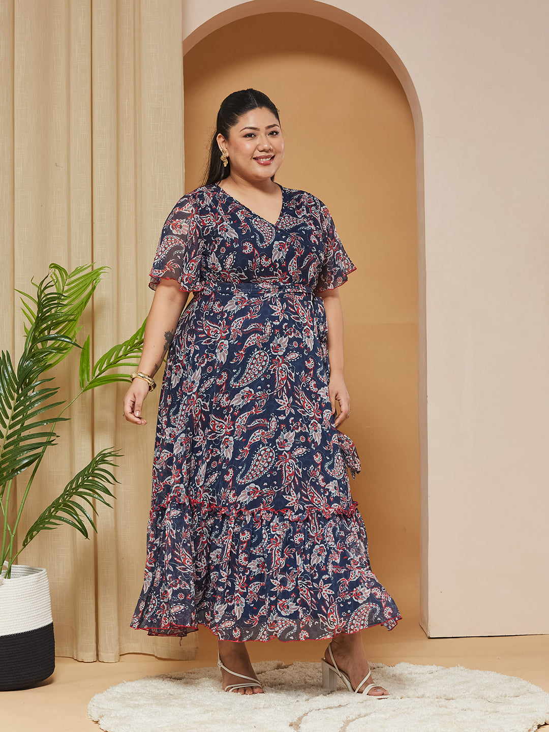 Multicolored Navy Floral Wrap Chiffon Maxi Dress with Flutter-Sleeves & Frilled Hem for Women