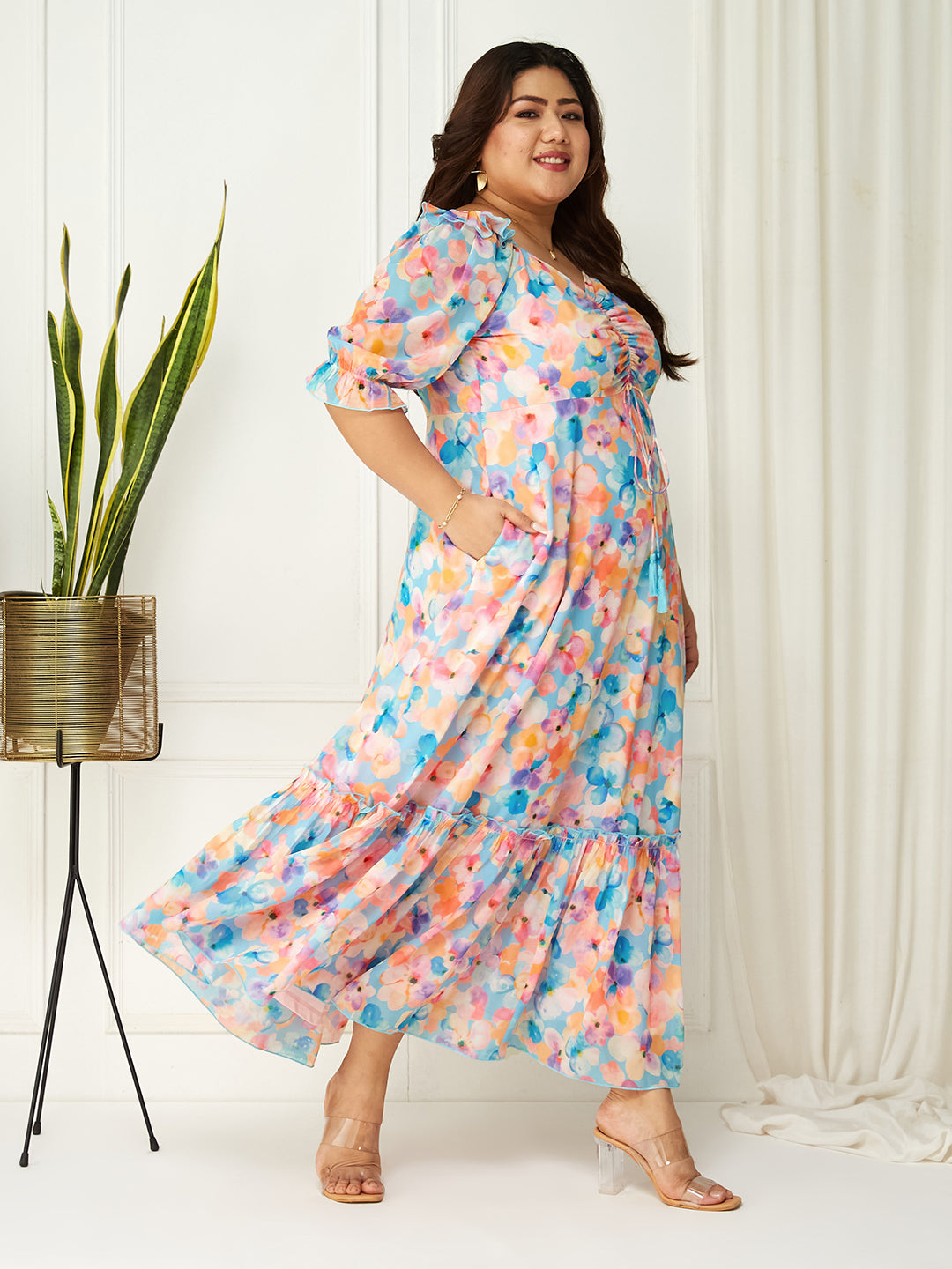 Women's Multicolored-Base-Sky Blue V-Neck Puff Sleeve Floral Ruching Ankle-Length Dress