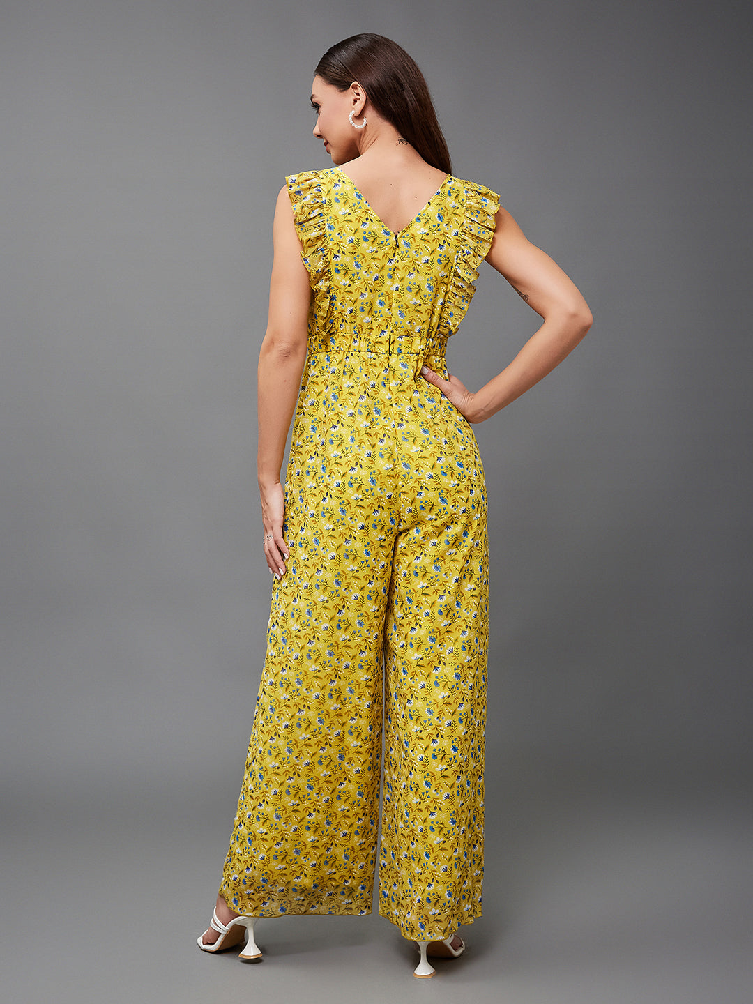 Women's Multicolored-Base-Yellow Round neck Sleeveless Floral Wide Leg Regular Jumpsuit