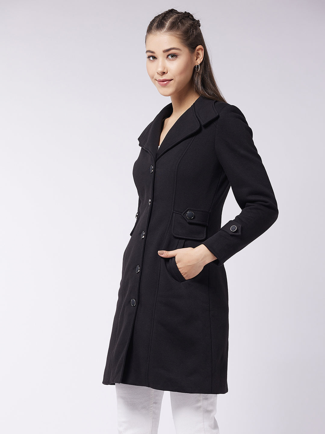 Women's Black Notch Collar Full Sleeve Solid Front-Open Longline Jacket